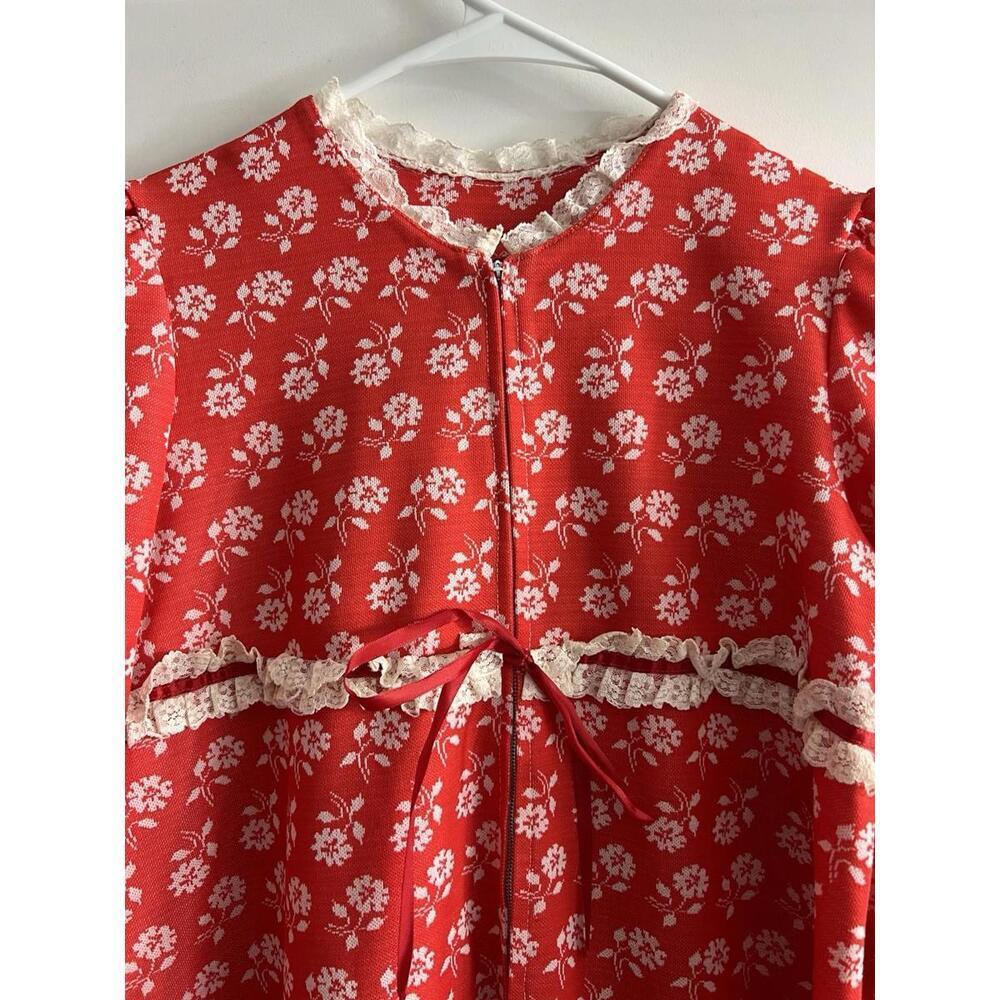Vtg 60s/70s Red Floral Zip Up House Dress Nightgown Maxi Prairie Mod XS/S - Picture 3 of 8